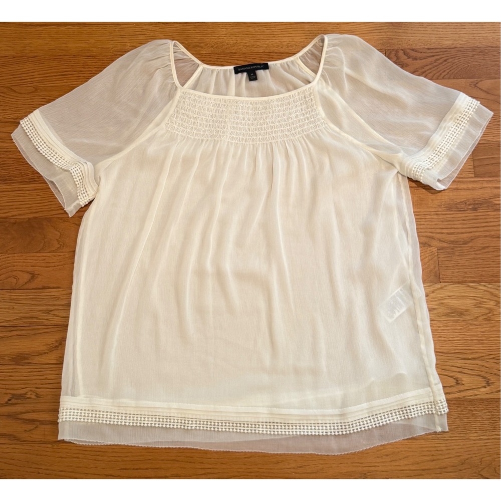 Banana Republic Ivory Smocked Square Neck Lace Trim Sheer Blouse Top Medium
